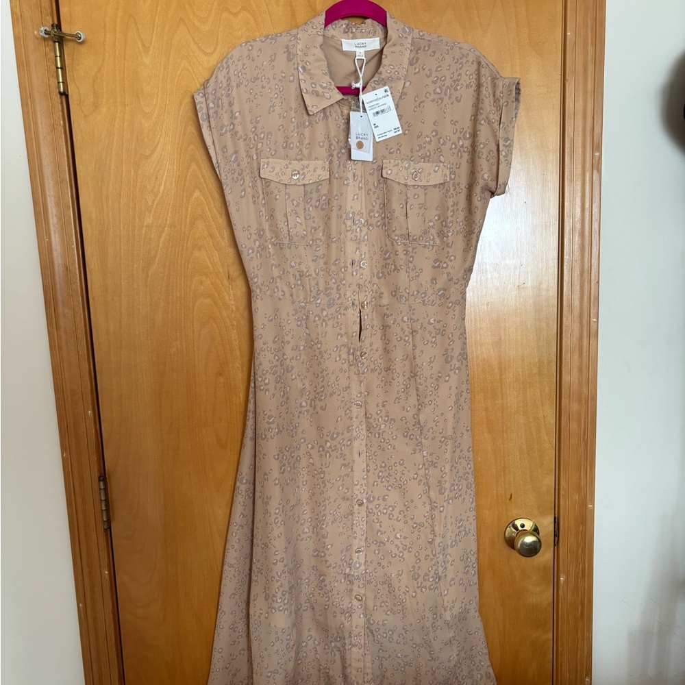 Light Tan/Grey Button-Front Shirt Dress